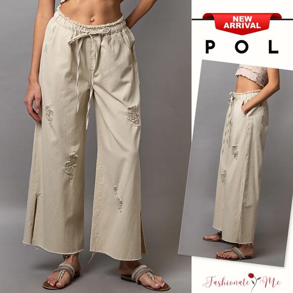 POL High Rise Distressed Adjustable Drawstring Side Slit Wide Leg Pants | Cream - Picture 1 of 4